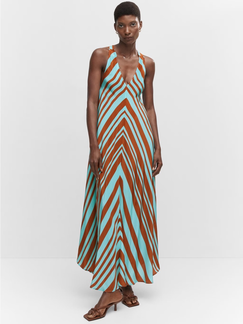 Women’s Striped Satin Dress in Aqua and Brown
